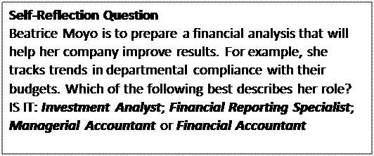 Text Box: Self‐Reflection Question
Beatrice Moyo is to prepare a financial analysis that will help her company improve results. For example, she tracks trends in departmental compliance with their budgets. Which of the following best describes her role?
IS IT: Investment Analyst; Financial Reporting Specialist; Managerial Accountant or Financial Accountant

