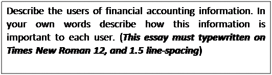 Text Box: Describe the users of financial accounting information. In your own words describe how this information is important to each user. (This essay must typewritten on Times New Roman 12, and 1.5 line-spacing)


